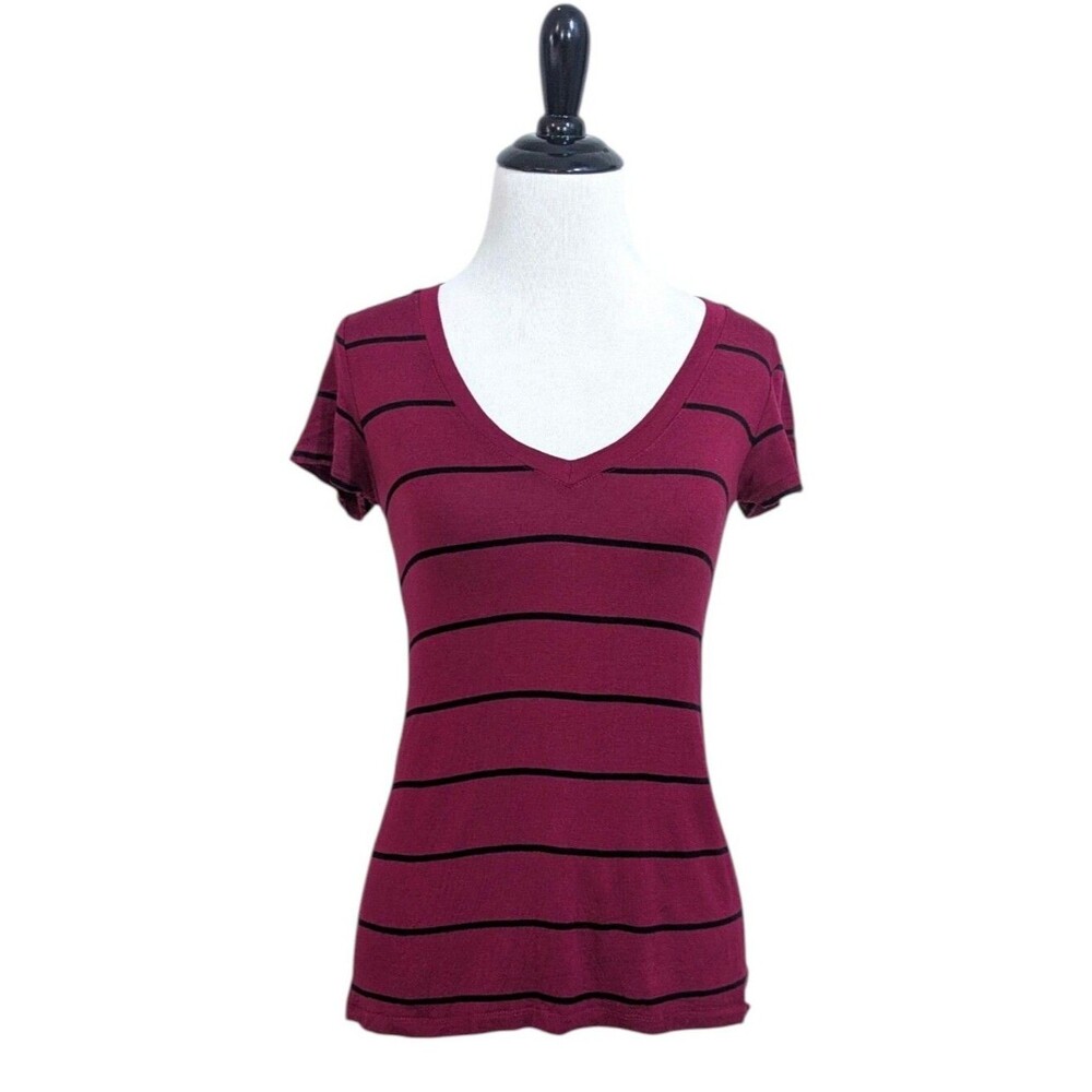 Soft V-Neck Tee from Timing - Burgundy & Black Stripes - Size Small Womens